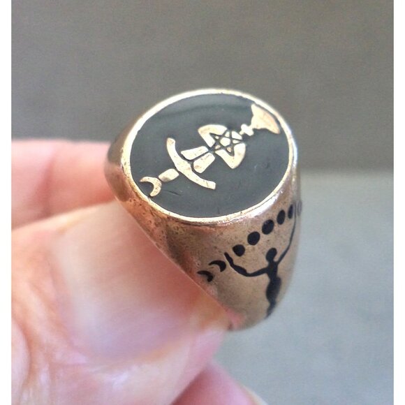 Vintage COPPER +Black Enamel RING Signet Style GODDESS Chalice Designs SIZE 8.25 - Picture 1 of 7